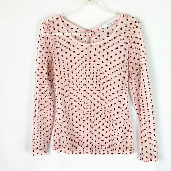 MAURICES |🎀Light Pink Navy Blue Polka Dots Long-Sleeved Sheer Mesh Shirt Blouse - Picture 2 of 8